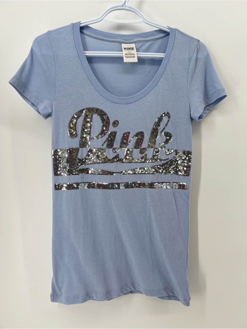 Y2K PINK Victoria's Secret Women’s Small Light Blue Sequin Logo Scoop Tee
